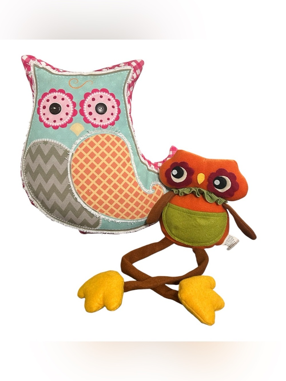 Colorful Owl Plush Pillow Set - Aqua, Orange, Pink & Yellow